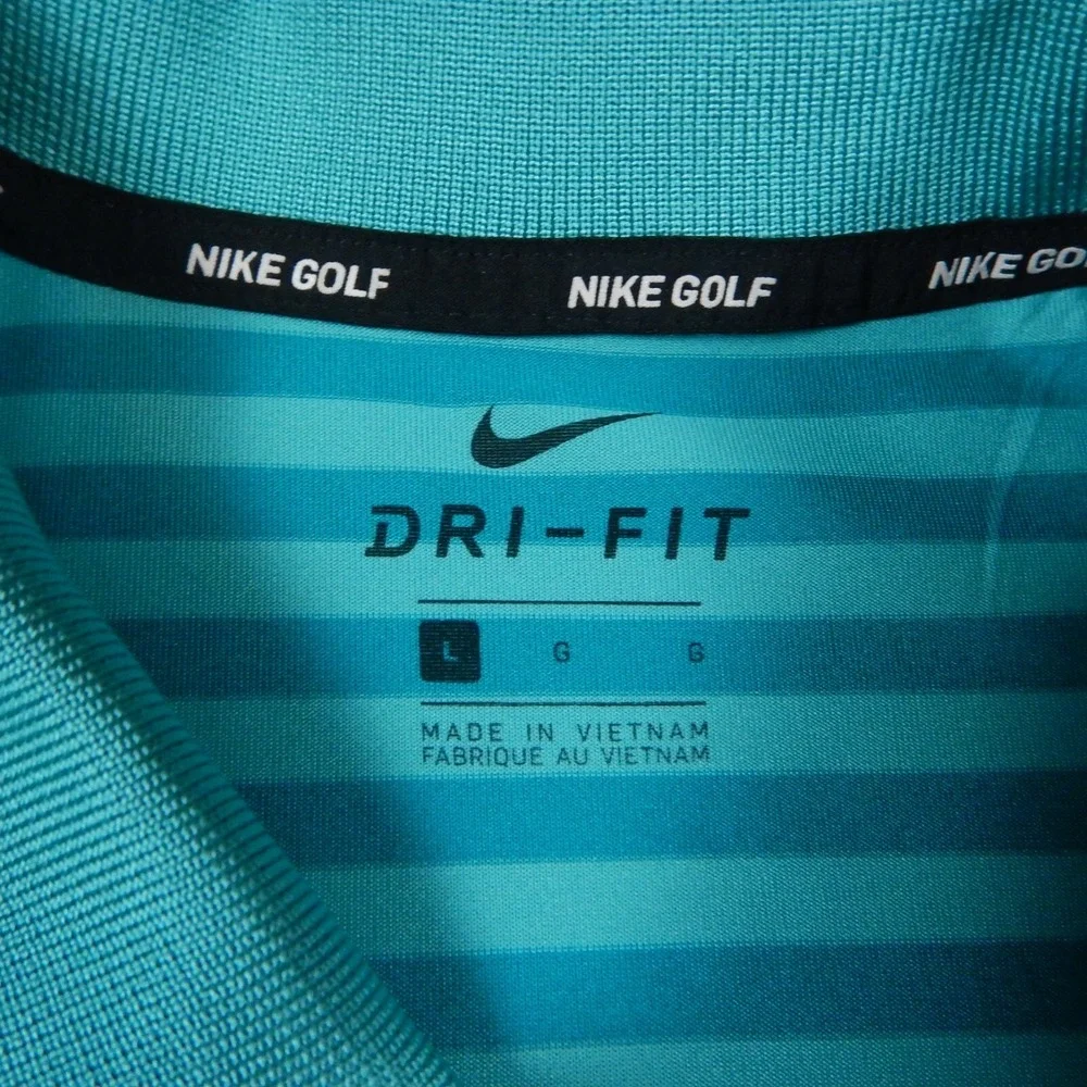 Nike Golf Polo Shirt Mens L Blue Green Striped Dri-Fit Short Sleeve Tour 18 Logo